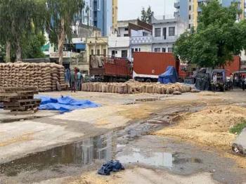 जालंधर मंडी में भीगी खुले में पड़ी गेहूं की बोरियां, किसान चिंतित