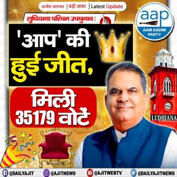 लुधियाना पश्चिम उपचुनाव: 'आप' की हुई जीत, संजीव अरोड़ा को मिले 35179 वोट