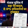 पंजाब पुलिस में बड़ा फेरबदल, 8 IPS अधिकारियों का ट्रांसफर , 6 जिलों के SSP बदले, शिक्षा मंत्री की पत्नी को बठिंडा से PAP चंडीगढ़ भेजा