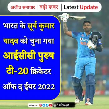 भारत के सूर्य कुमार यादव को चुना गया आईसीसी पुरुष टी-20 क्रिकेटर ऑफ द ईयर 2022