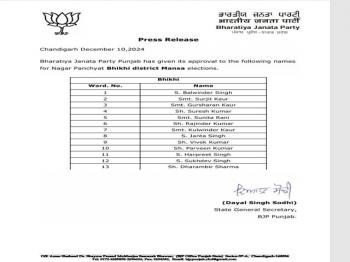 भाजपा ने नगर पंचायत भीखी ज़िला मानसा चुनाव के लिए नामों की सूची की जारी  