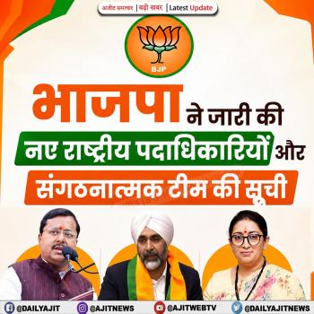 भाजपा ने जारी की नए राष्ट्रीय पदाधिकारियों और संगठनात्मक टीम की सूची